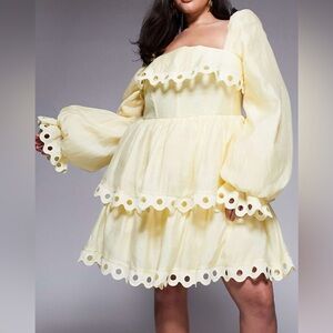 ASOS Light Yellow Long Sleeve Dress with Eyelet Trim and puff sleeves
